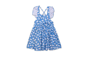 Girls ruffle dress in blue ducks, back view