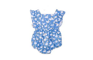 Baby bubble romper in blue ducks, back view