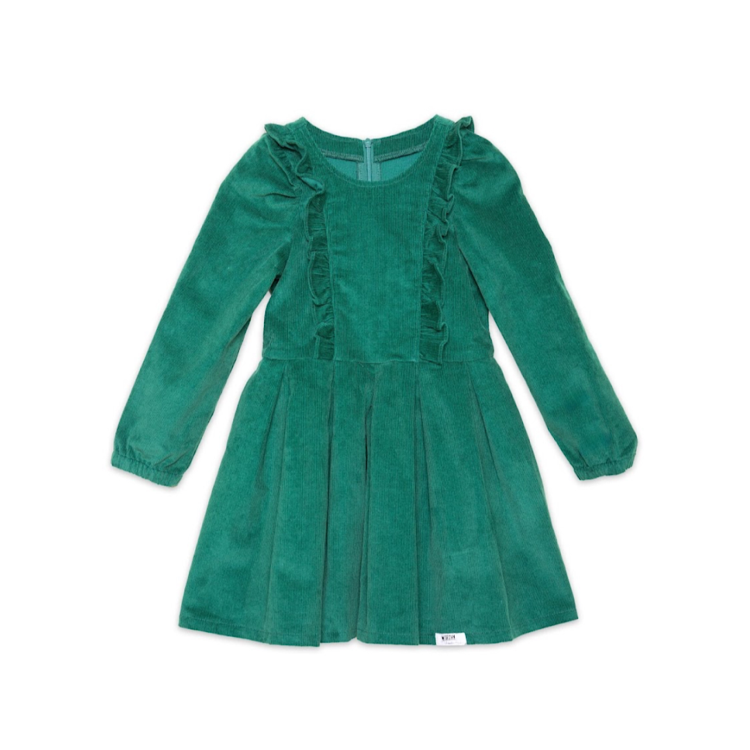 Girl long sleeve ruffle dress in green corduroy- perfect for Holiday Christmas dress