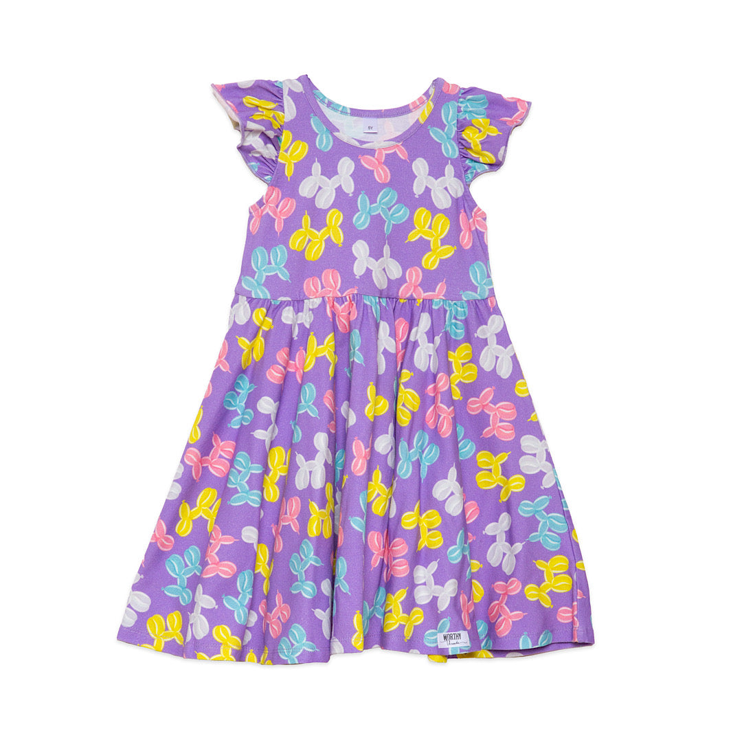 Girls twirly dress in purple balloon animal print, racer back and ruffle sleeves