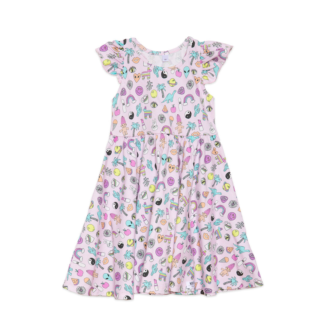 Girls twirly dress in retro 90s toys print, racer back and ruffle sleeves