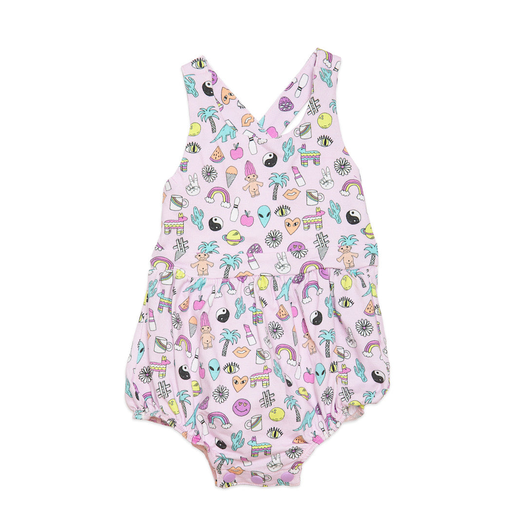 Baby bubble romper in pink 90s toys print
