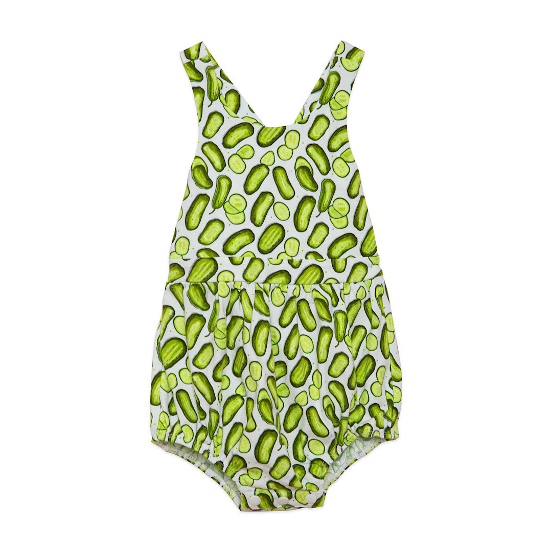 Baby bubble romper with cross back in funky pickles print
