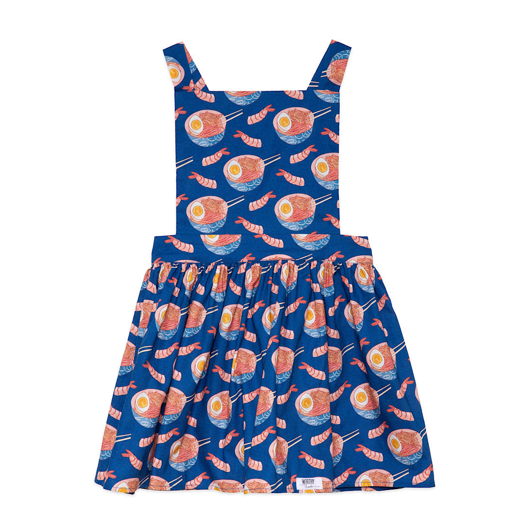 Girls pinafore dress in royal blue ramen print