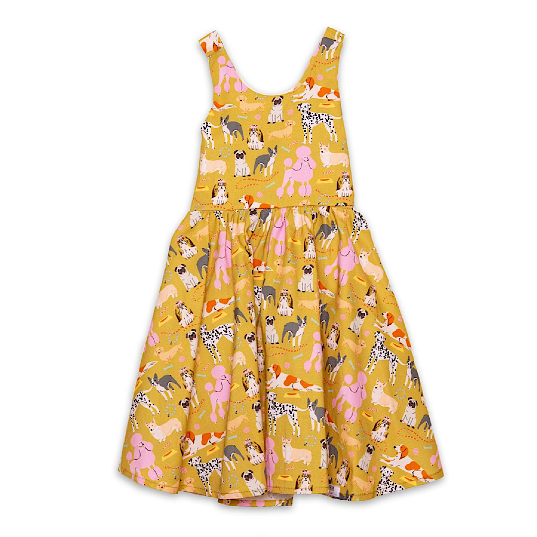 Girls cross back dress in dogs print, summer dress with pockets!