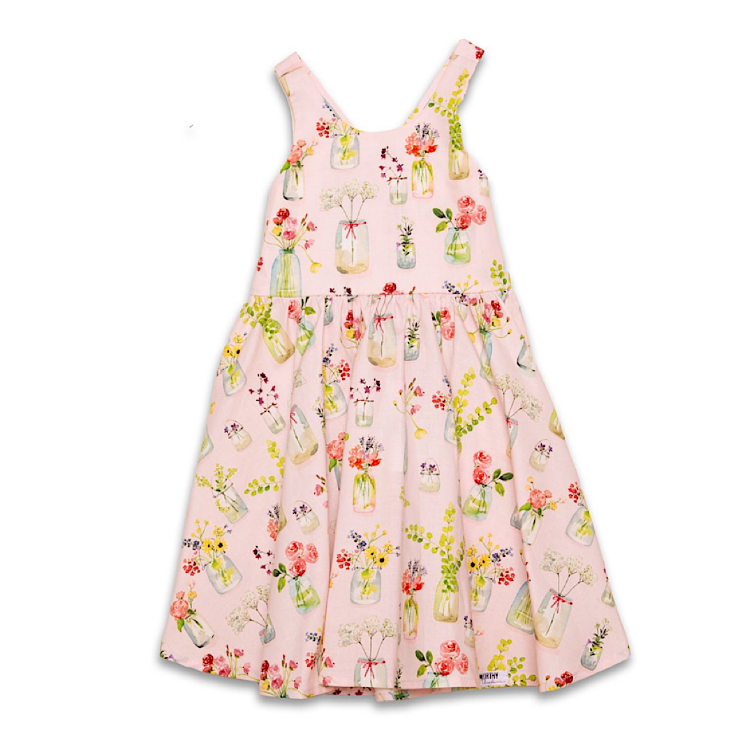 Girls cross back dress in pink plants, summer dress with pockets!