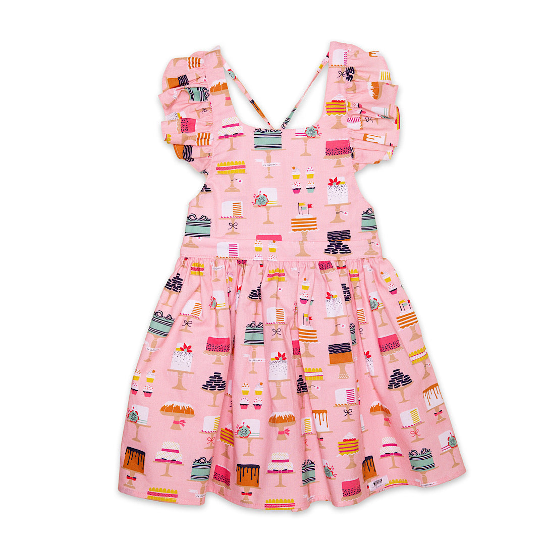 Girls ruffle sleeve dress in cakes, pink summer birthday dress