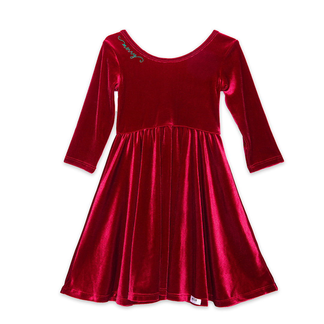 Girls burgundy red stretch velvet twirly dress with Christmas Holiday embroidery