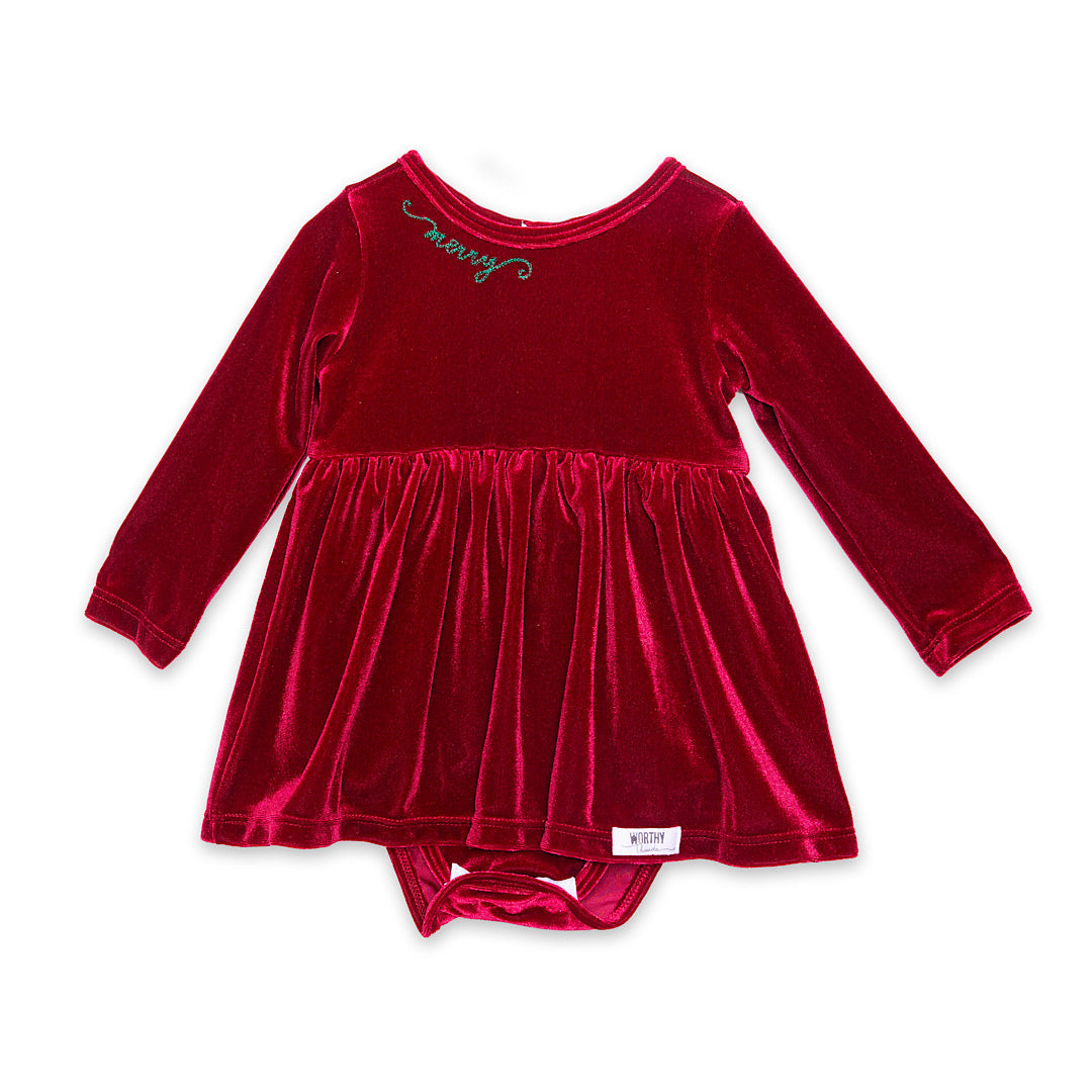 Baby toddler burgundy red stretch velvet long sleeve bubble romper dress with Christmas Holiday embroidery