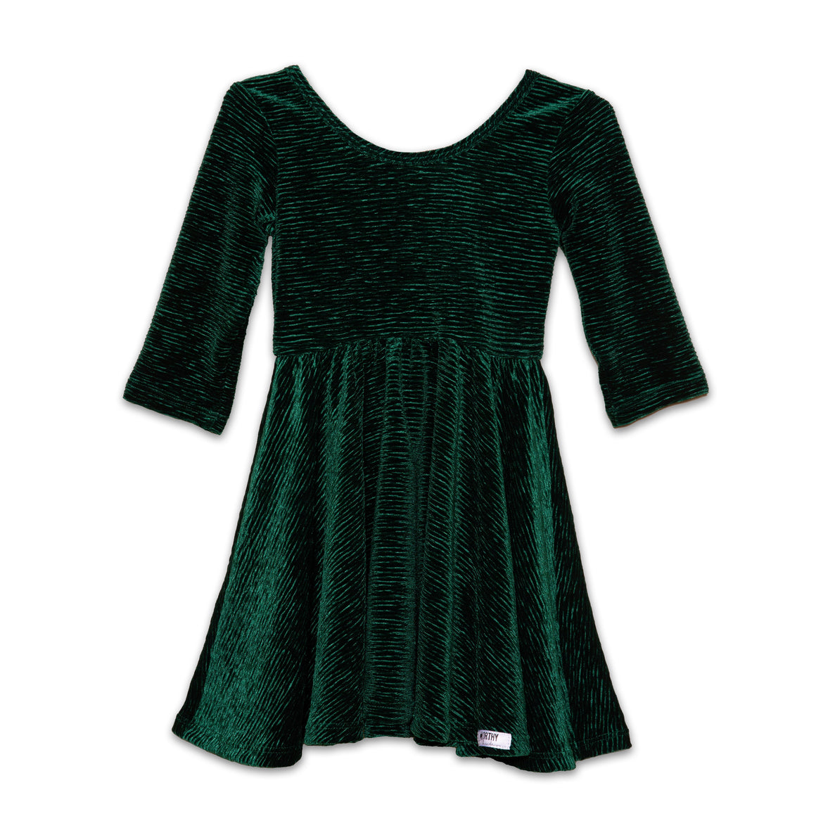 Christmas holiday twirly dress for girls in emerald green stretch velvet with texture