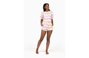 Model in Adult matching loungewear set, sunset tie dye