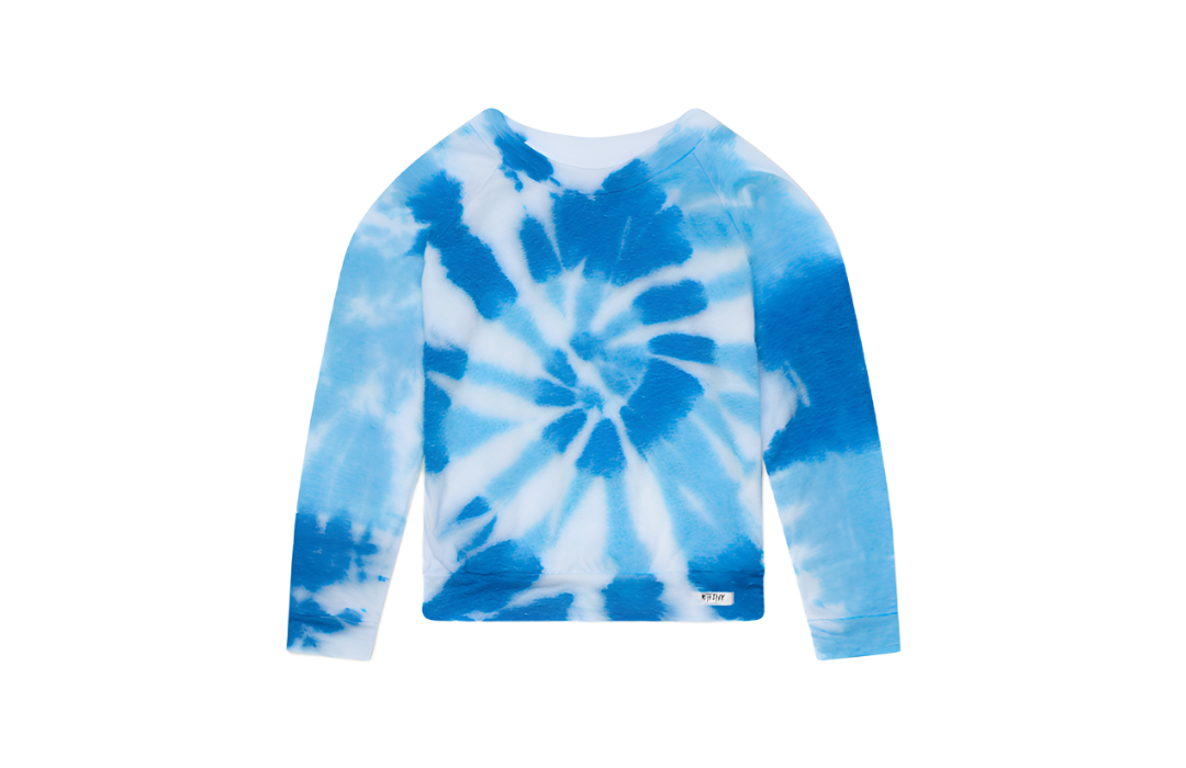 Kids tie dye raglan shirt in blue sky.  Pair tie dye joggers for matching loungewear set!