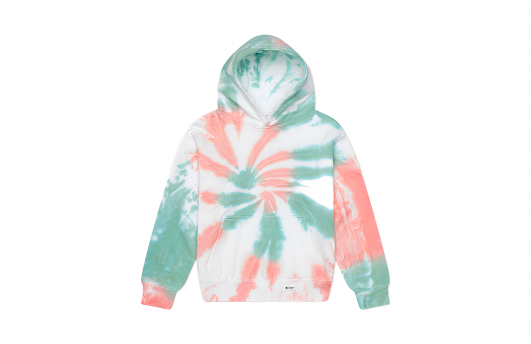 Kids tie dye hoodie in coral & green.  Tie dye loungewear sets by Worthy Threads