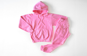 Adult matching pink loungewear set: hoodie and joggers in Barbie Pink