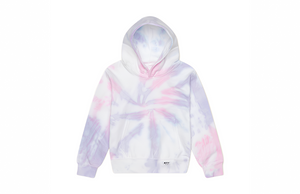 Kids tie dye hoodie in pink and purple.  Matching loungewear sets in Spun Sugar