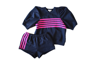 Adult loungewear set in navy with magenta stripes