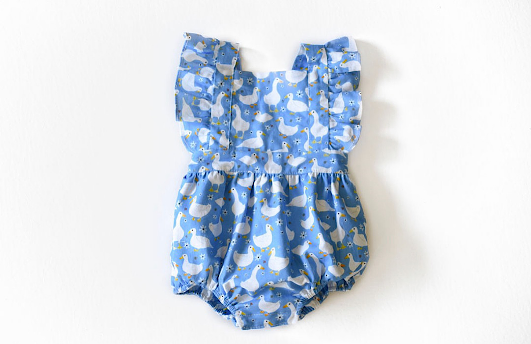 Baby bubble romper in blue ducks print