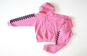 Adult matching loungewear set in pink checkerboard: hoodie and joggers in Barbie Pink