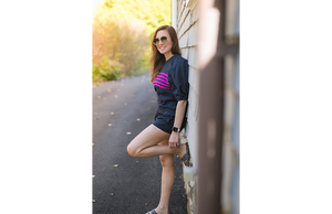 Matching crew and sweat shorts in navy with magenta stripes