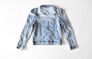 Adult denim jacket with puff sleeve shoulder detail, back view